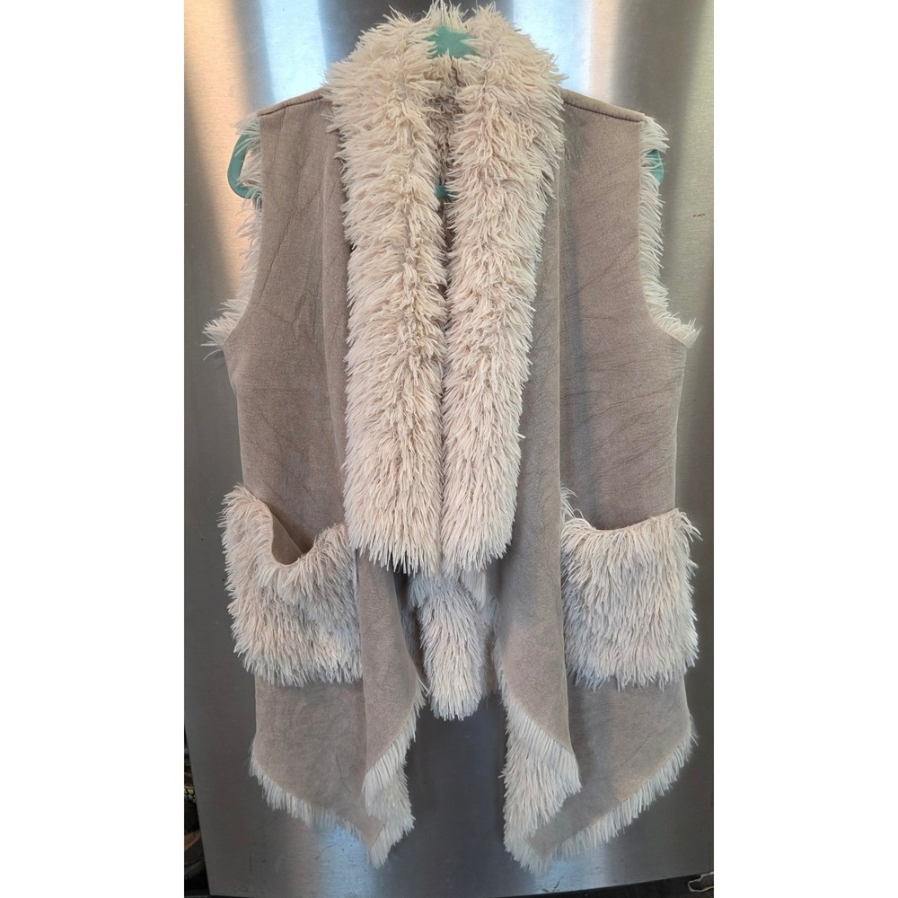 Unbranded Women M Vest Taupe Faux Suede Shaggy Fur Trim Made in Italy Boho Open